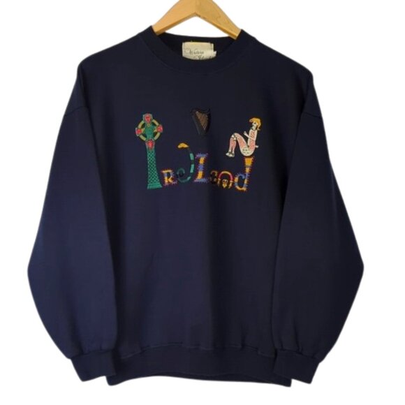Vintage Western Island Ireland Navy Blue Embroidered Graphic Irish Sweater l M - Picture 1 of 9